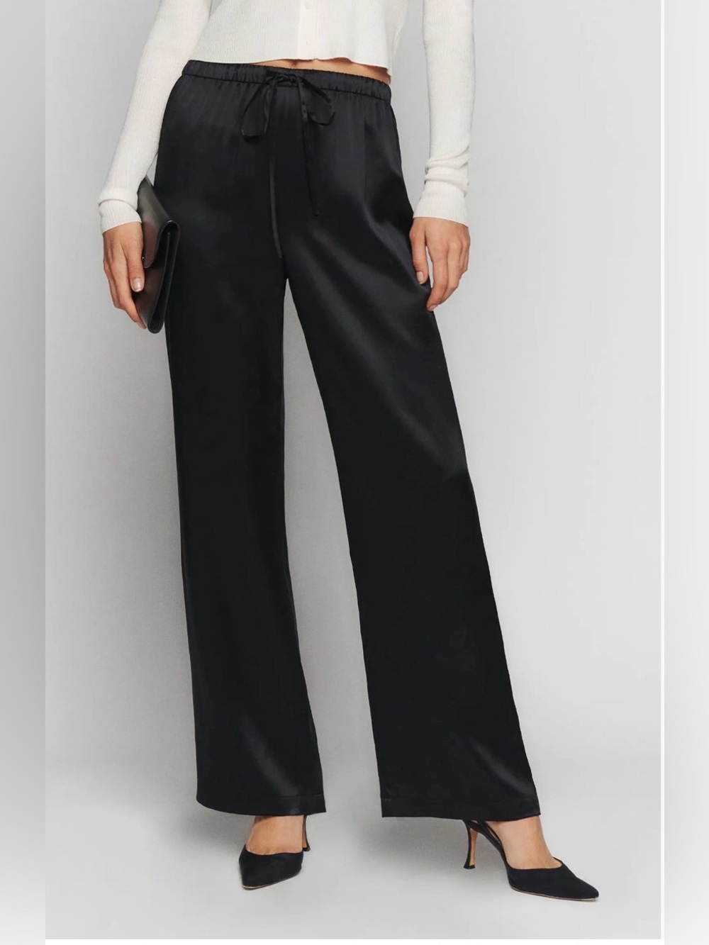 Reformation Olina Black 100% Silk Wide Leg Drawstring Pull On Pants S